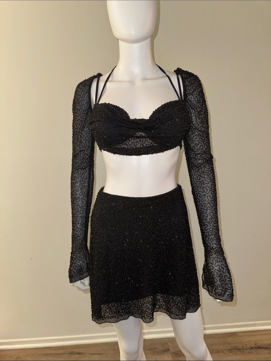 Oh Polly Dresses & Skirts - Black Beaded Two-Piece Mesh Set - Crop Top & Skirt